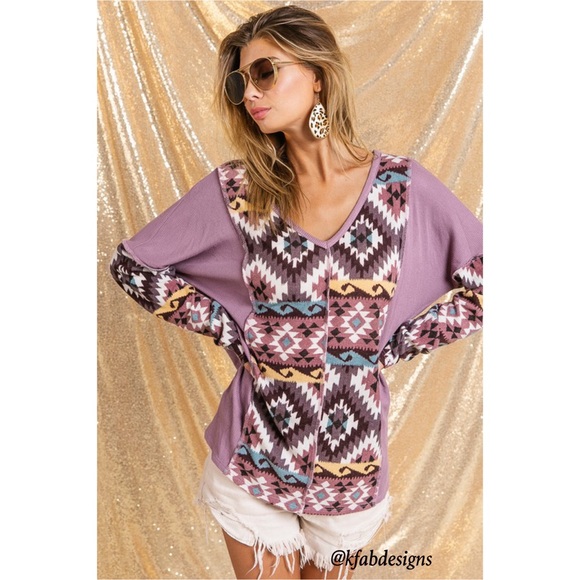 LAST 1! V Neck Mauve/Lilac Mix Aztec Print Soft Color Block Top - Picture 9 of 11